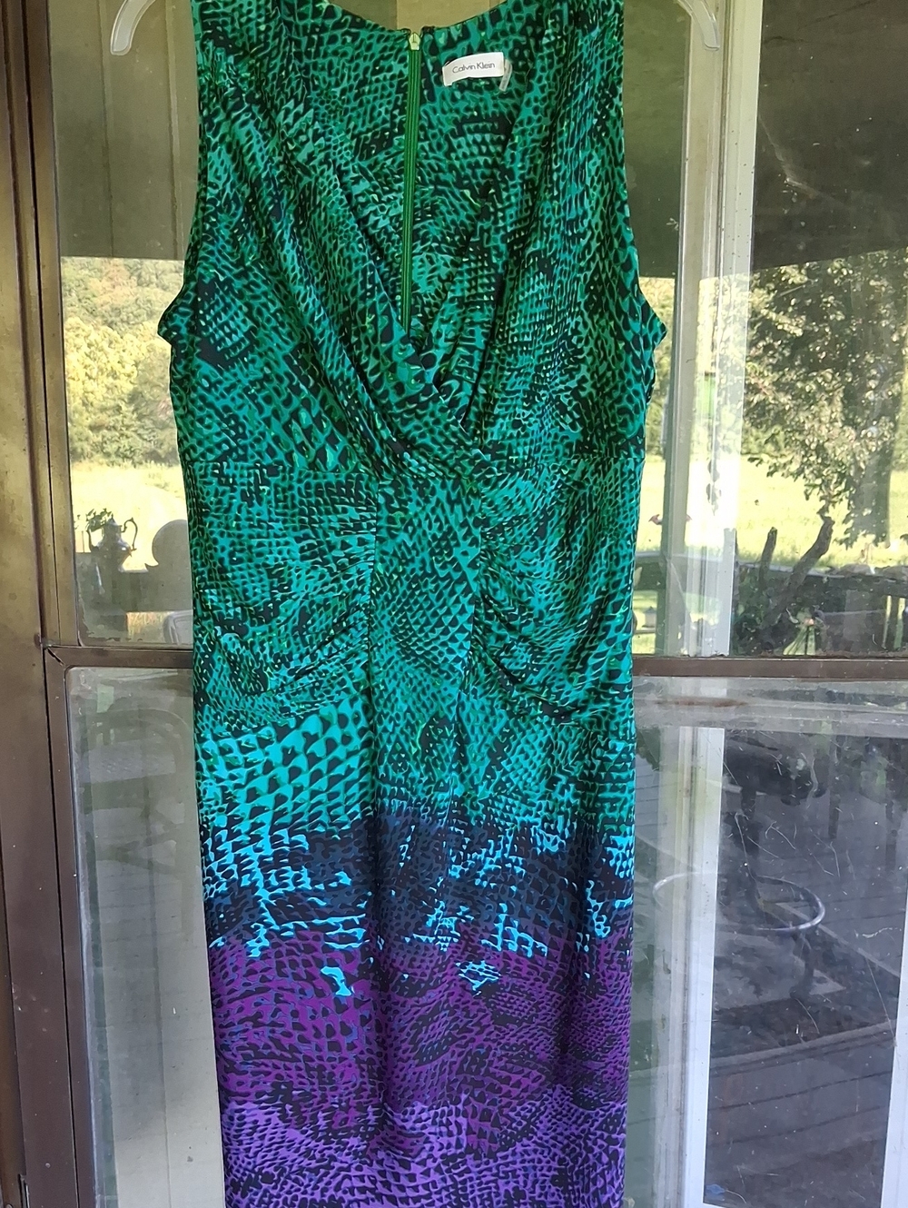 Calvin Klein Teal, Turquoise & Purple Printed Sleeveless Sheath Dress